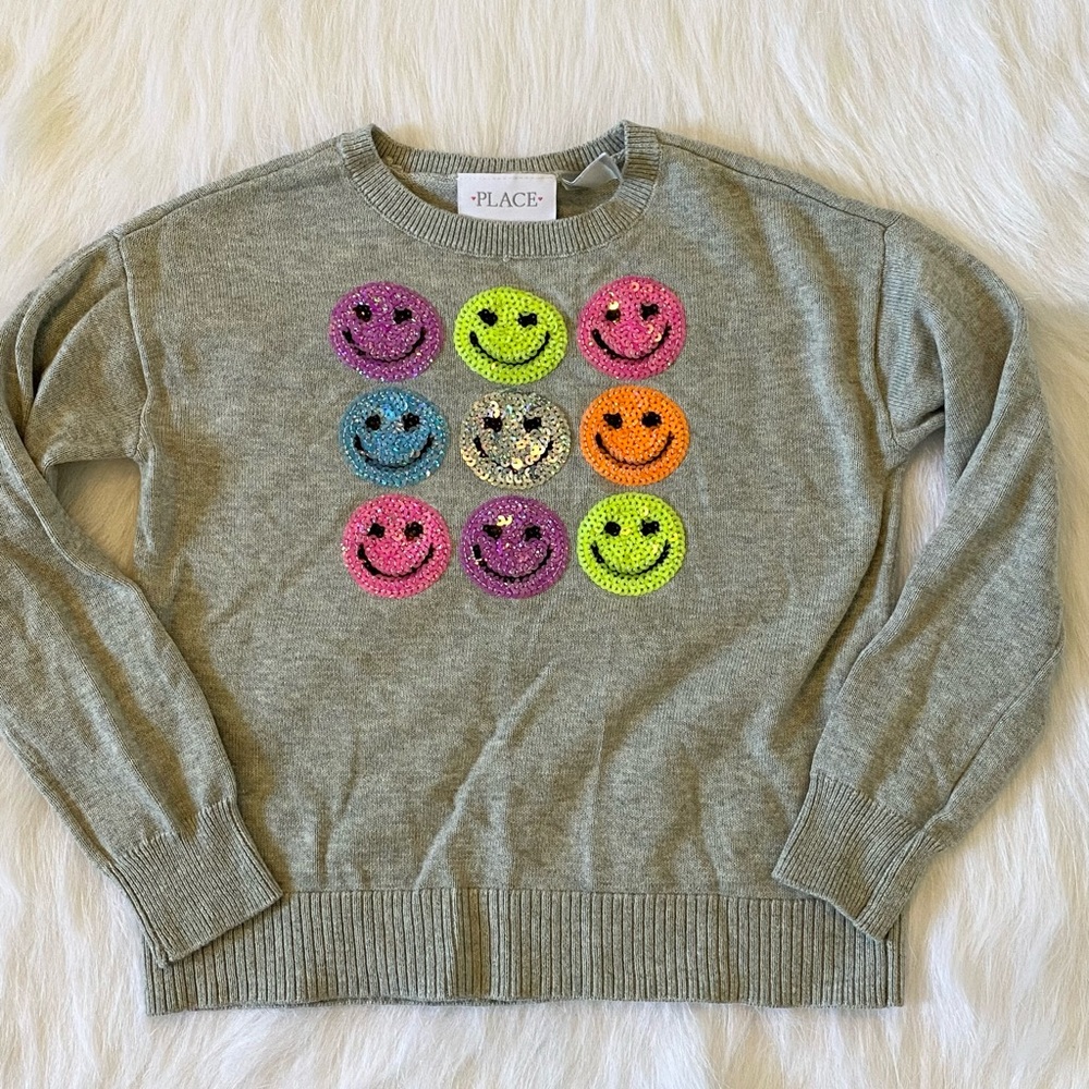 Neon Smiley Face Sequin Crewneck Sweater